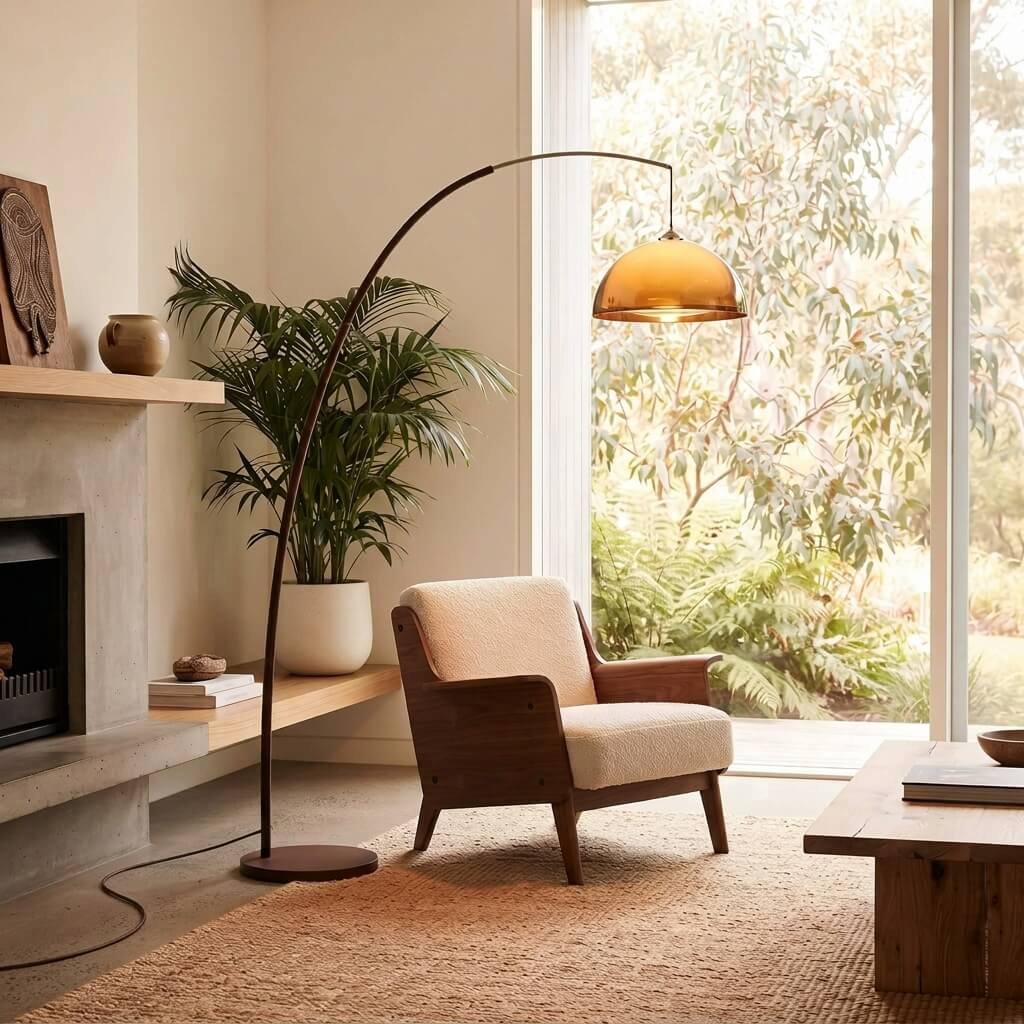 Mid Century Arc Floor Lamp beside a boucle armchair and sofa