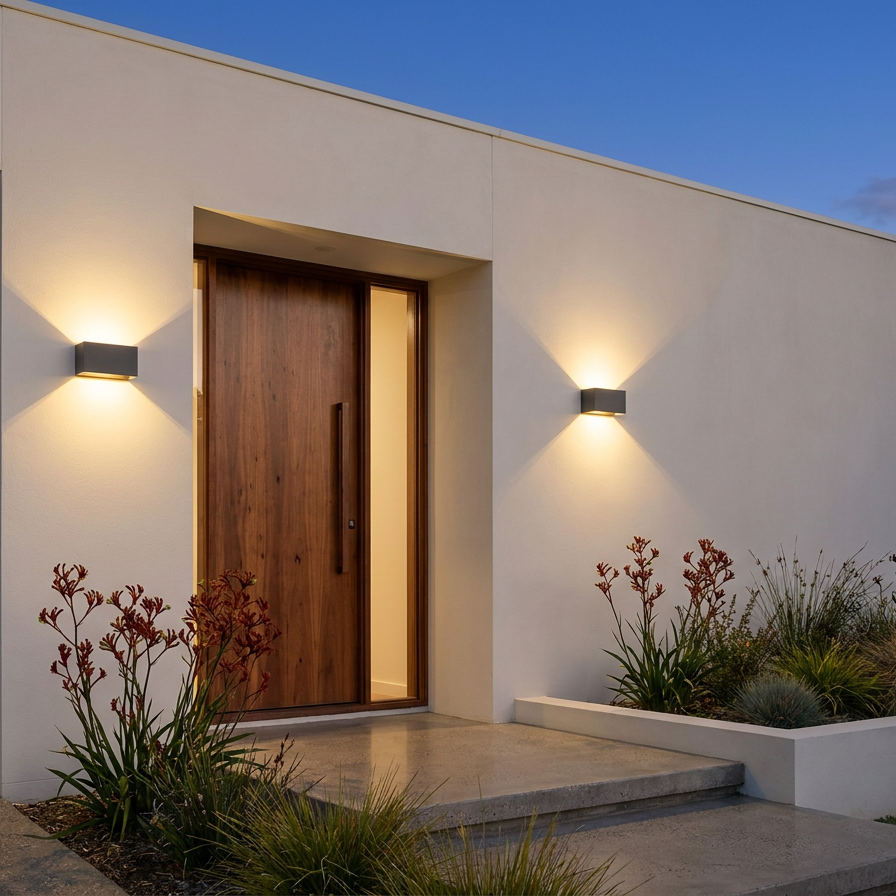 Pair of up down wall lights flanking a timber front door on a modern Australian home at dusk
