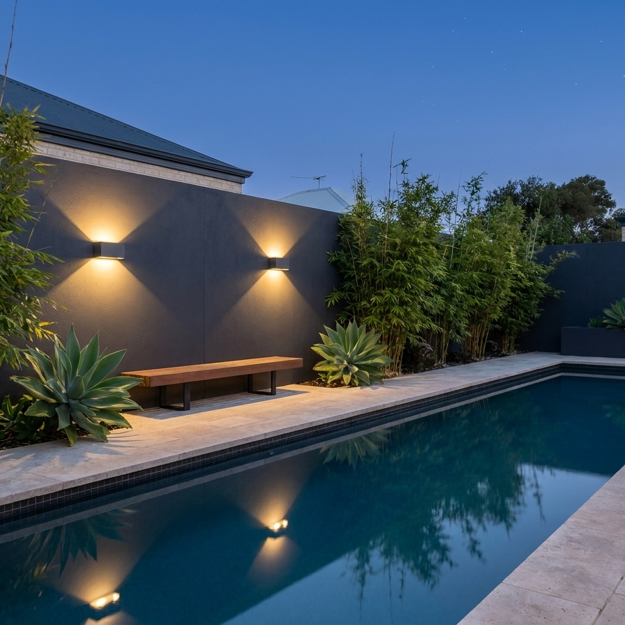 Up down wall lights on a charcoal courtyard wall beside a lap pool at dusk
