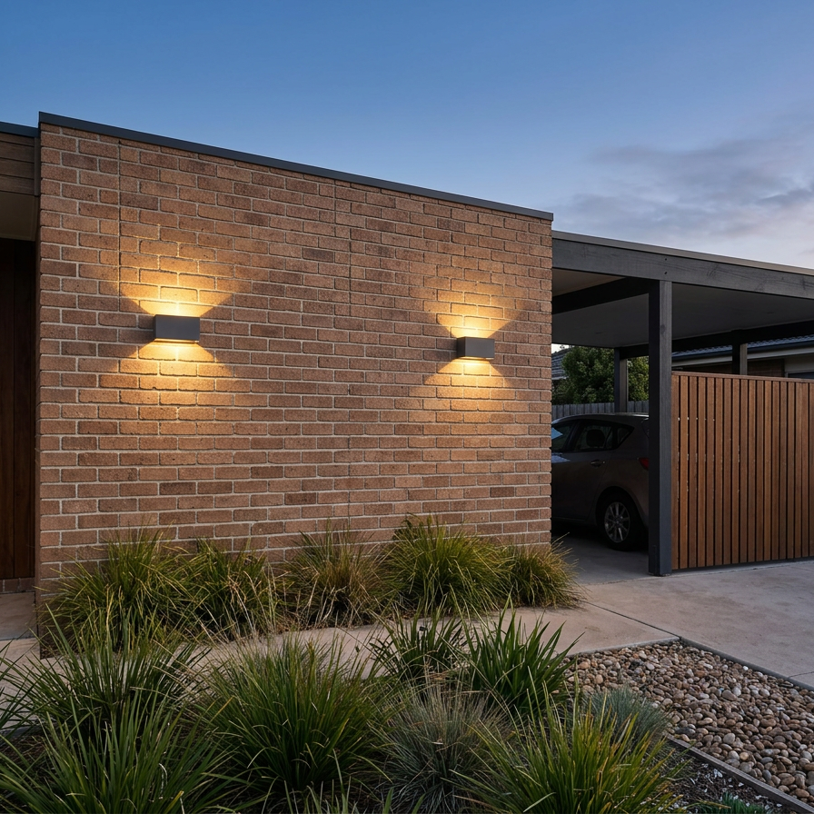 Up down wall lights on a brick feature wall beside a carport at a modern Australian home
