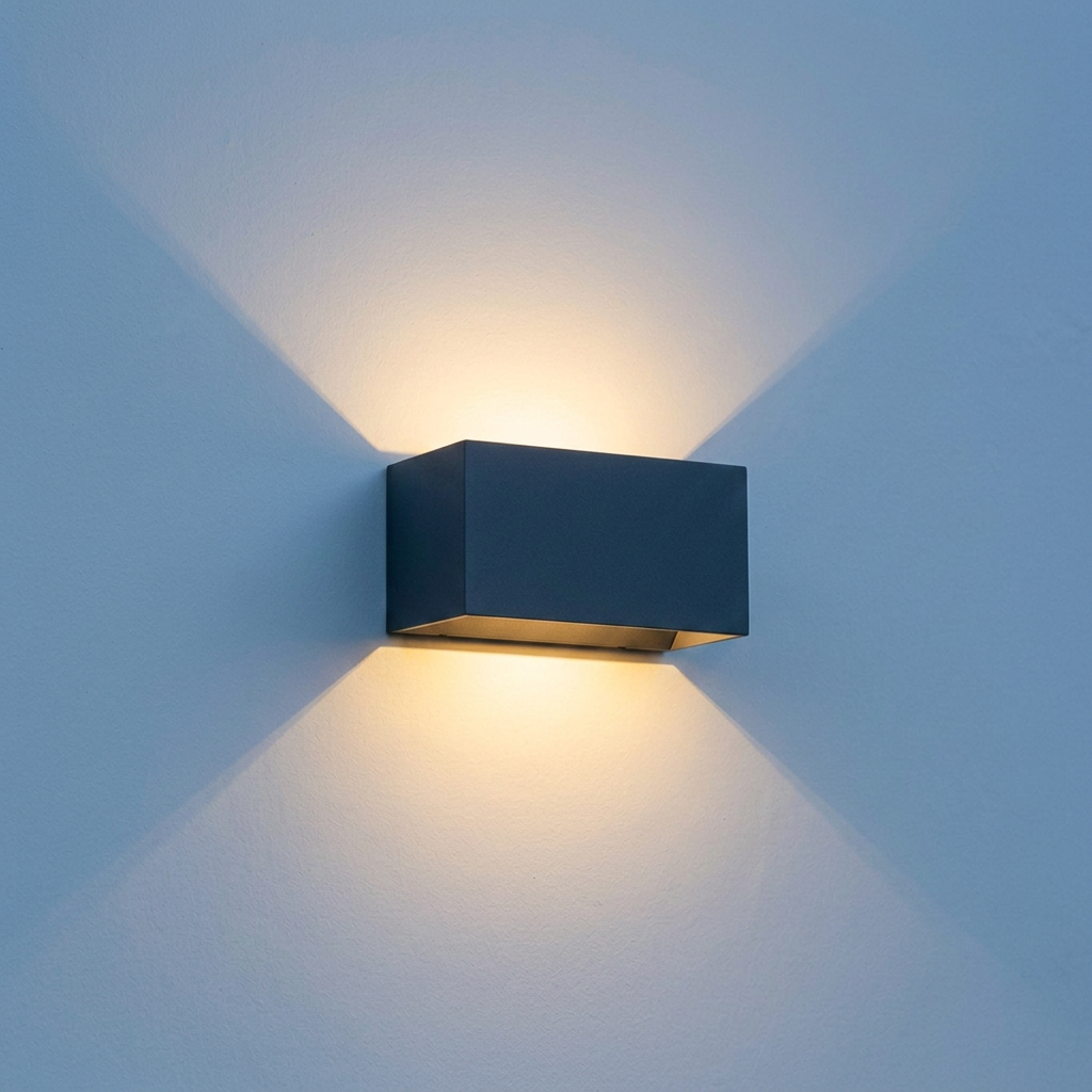 Aperture IP65 up down wall light mounted on a rendered exterior wall casting warm light above and below