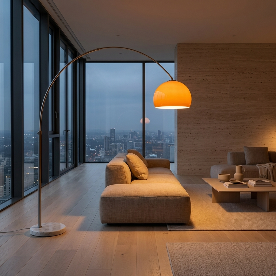 The Bauhaus Arc Floor Lamp arcing over a linen sofa in a modern living room at dusk