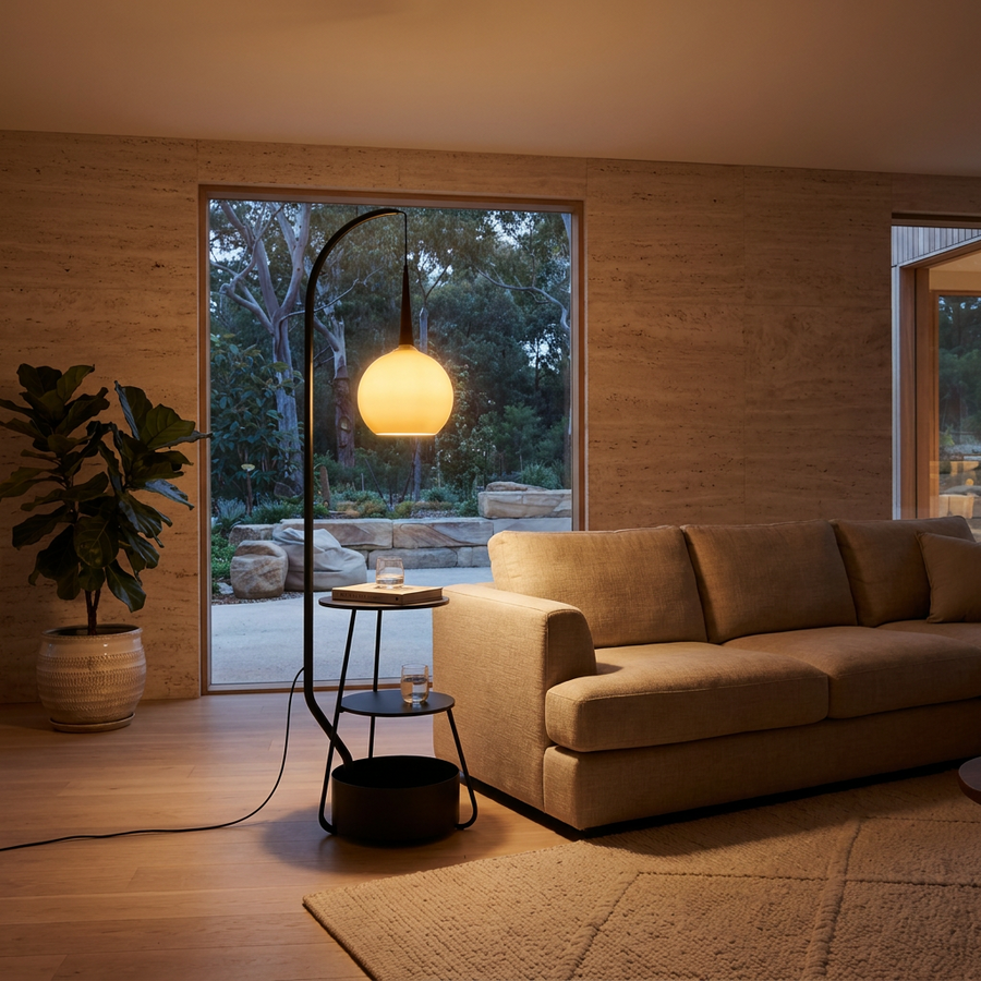 The French Mid Century Arc Floor Lamp arcing over a linen sofa in a modern living room at dusk
