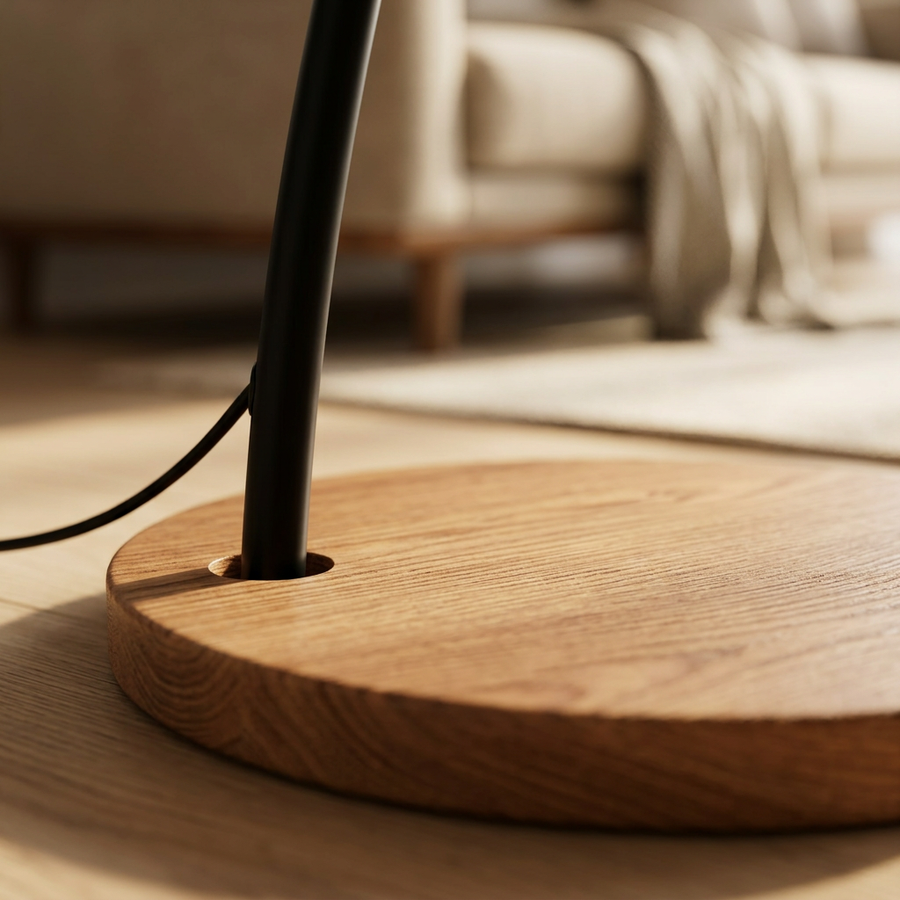 Close-up of the wood finish base of the Mid Century Arc Floor Lamp
