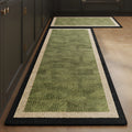 Olive Weave absorbent kitchen mat, olive green woven-look centre with a cream border, on a timber floor