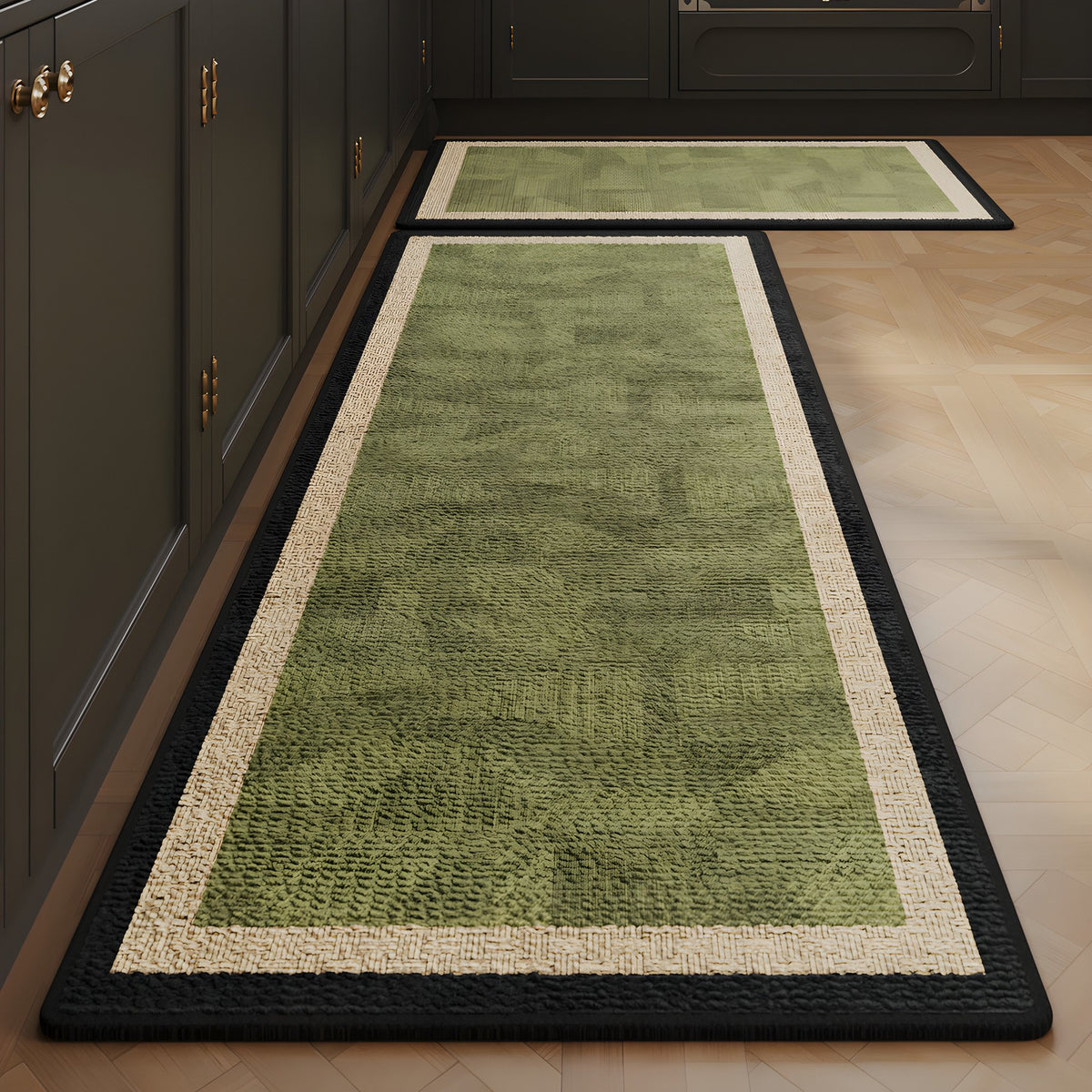 Olive Weave absorbent kitchen mat, olive green woven-look centre with a cream border, on a timber floor