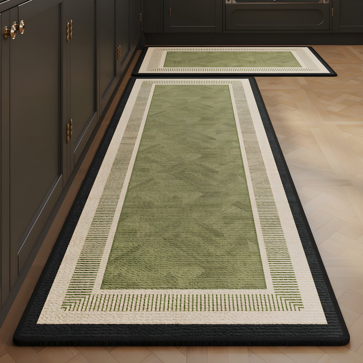 Olive Step absorbent kitchen mat, olive green centre with a stepped cream border, on a timber floor