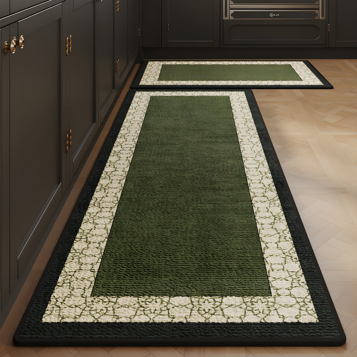 Forest Lattice absorbent kitchen mat, forest green centre with a lattice border, on a timber floor