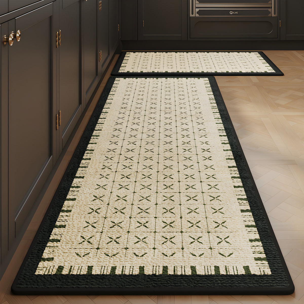 Ivory Cross absorbent kitchen mat, ivory with a small cross pattern and black edge, on a timber floor