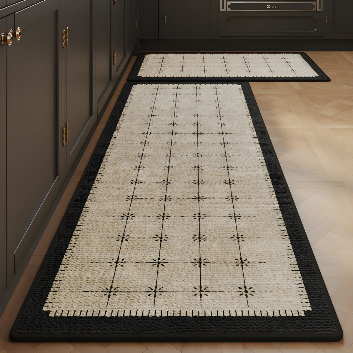 Ivory Grid absorbent kitchen mat, ivory grid pattern with a black edge, on a timber floor