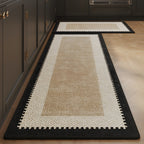 Sand Border absorbent kitchen mat, sand centre with a patterned border, on a timber floor