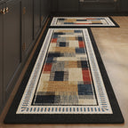 Patchwork absorbent kitchen mat, blue, rust and cream patchwork, on a timber floor