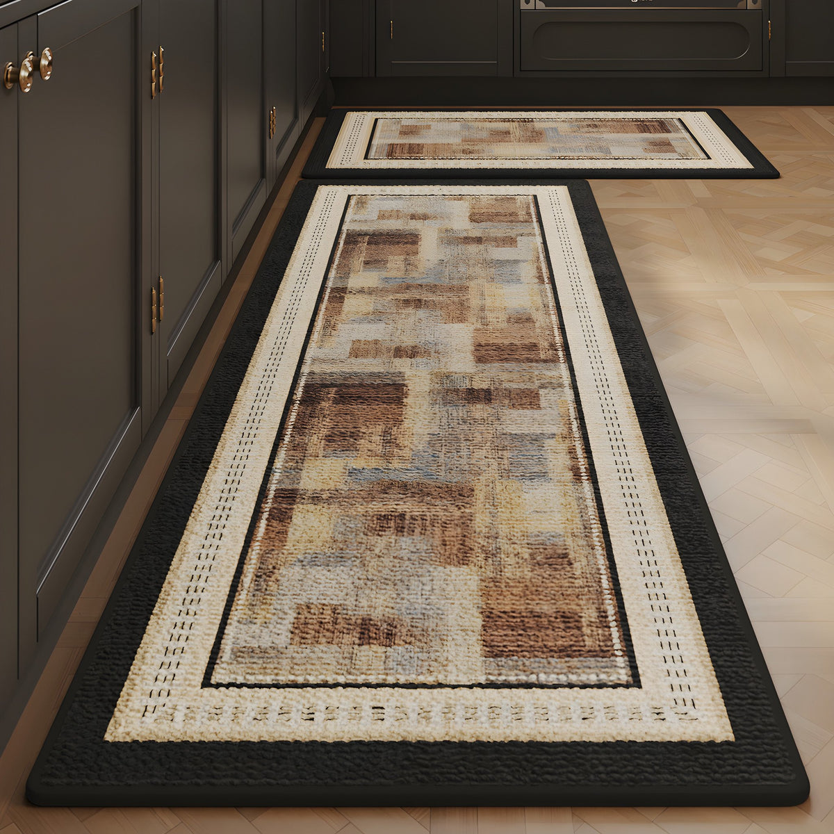 Mocha Patchwork absorbent kitchen mat, mocha and tan patchwork, on a timber floor