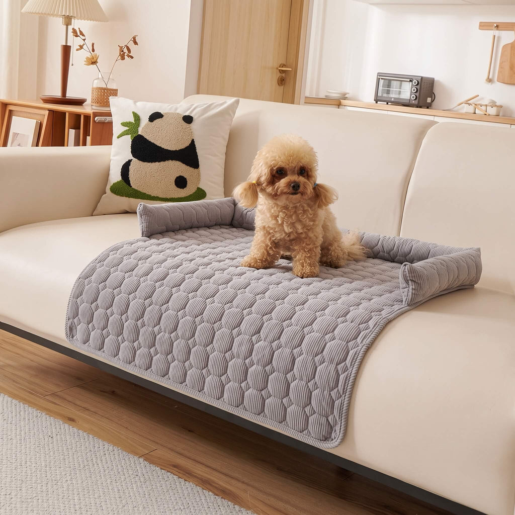 Grey quilted pet sofa mat on a cream sofa with a small dog