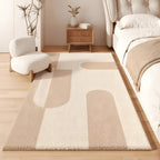 Arch faux cashmere bedroom rug, layered arches in latte and cream, beside a bed