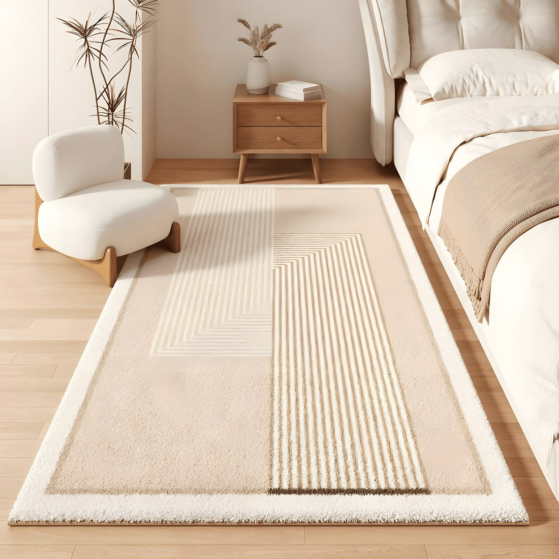 Linear faux cashmere bedroom rug, a fine striped centre panel with a cream border, beside a bed