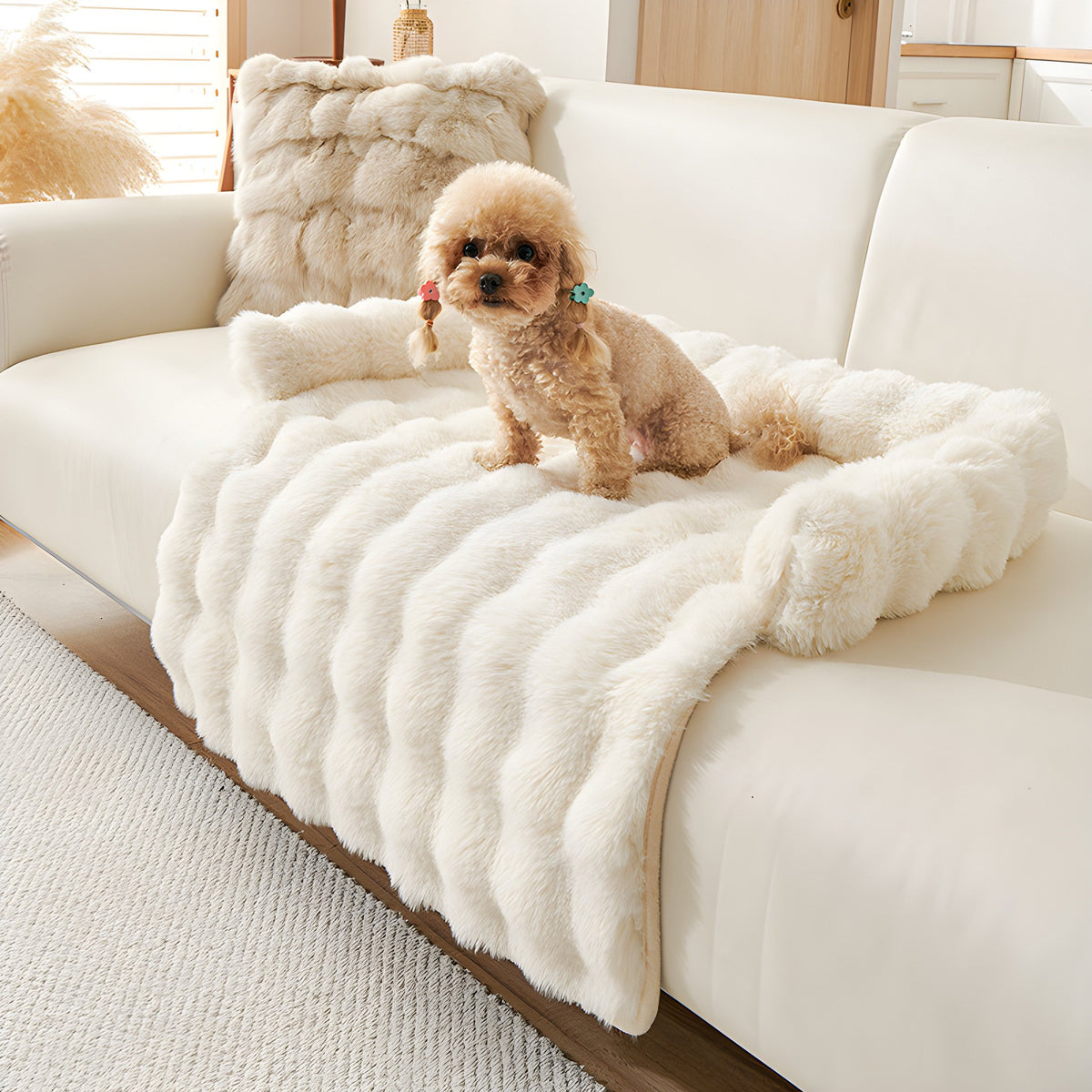 Ivory plush faux fur pet sofa mat on a cream sofa with a small dog sitting on it